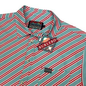 Burlebo Performance Shirt Men Large Stretch Teal Red Striped Button Up American